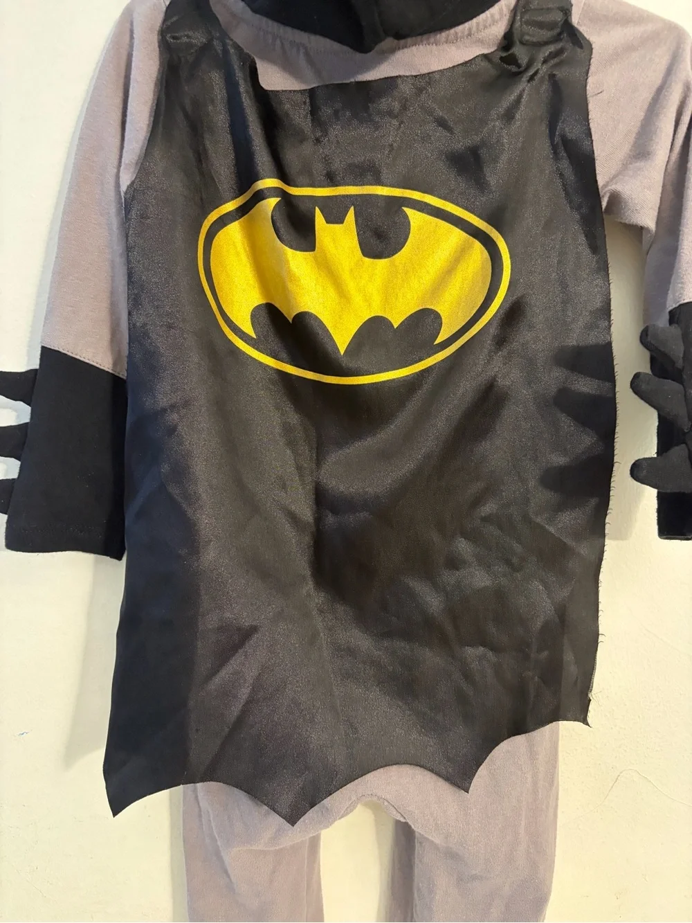 Batman Gray and Black Hooded Toddler Superhero Romper with Yellow Emblem. 24 mos
